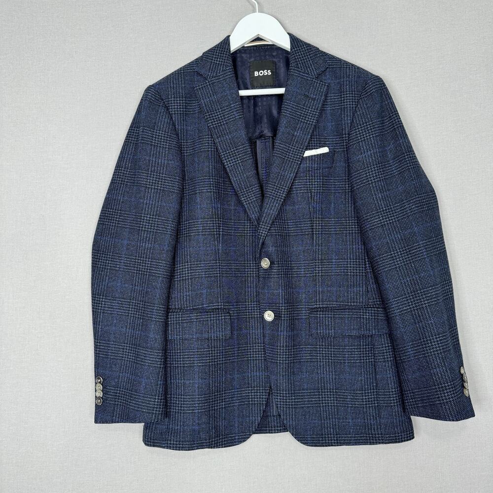 BOSS Blazer Mens 36R Blue Plaid Wool Blend Hutson Slim Fit Sport Coat Jacket